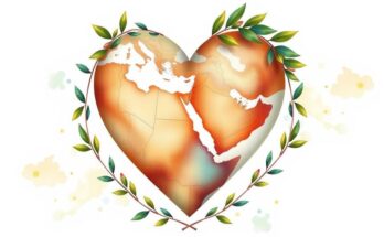 A heart-shaped globe with olive branches, symbolizing peace between nations and community safety in the Middle East.