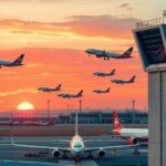 Air traffic control tower overseeing busy airport runway with planes taking off and landing against a sunset.