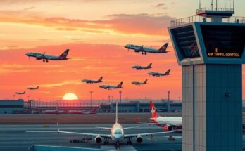 Air traffic control tower overseeing busy airport runway with planes taking off and landing against a sunset.