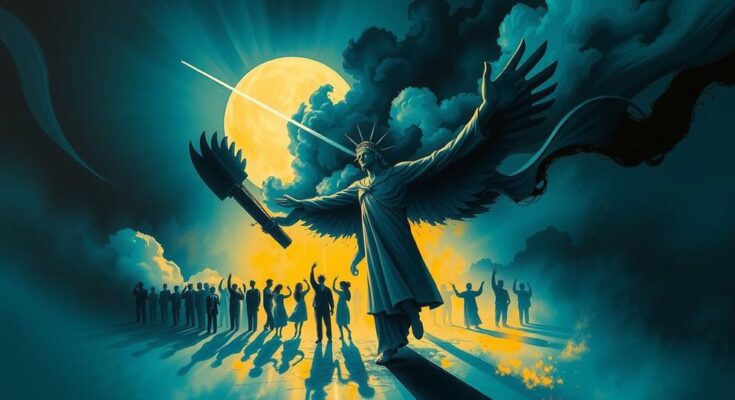 A conceptual illustration depicting the themes of democracy and governance challenges in Nigeria.