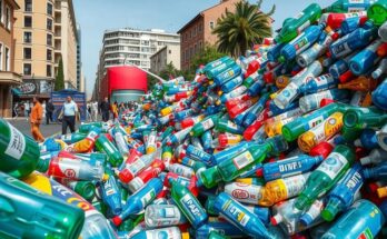 A vibrant Bolivar Square filled with heaps of colorful plastic bottles representing recycling efforts and protest.
