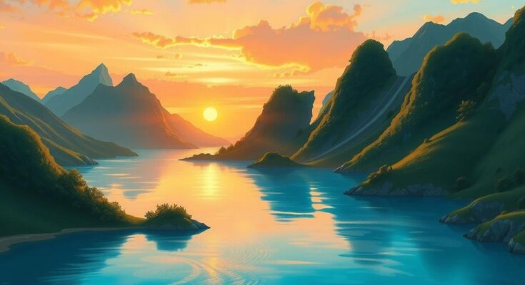 A peaceful landscape symbolizing diplomacy, with a bright sunset, mountains, and calm waters in a harmonious color palette.