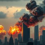 A dramatic scene depicting military strikes in a cityscape, with smoke and explosions, using dark colors and realism.