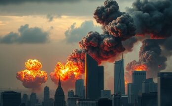 A dramatic scene depicting military strikes in a cityscape, with smoke and explosions, using dark colors and realism.