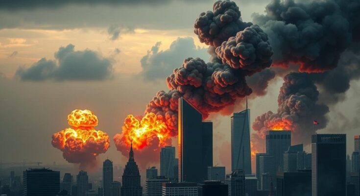 A dramatic scene depicting military strikes in a cityscape, with smoke and explosions, using dark colors and realism.