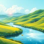 A tranquil landscape symbolizing peace between nations, featuring rolling hills and a calm river under a sunny sky.