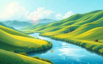 A tranquil landscape symbolizing peace between nations, featuring rolling hills and a calm river under a sunny sky.