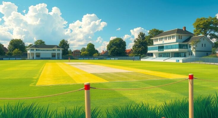 A scenic cricket ground in Sussex with well-maintained green grass and clear skies, ready for a match.