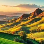 A scenic landscape showing Ethiopian mountains and agriculture, symbolizing investment and cooperation with South Korea.
