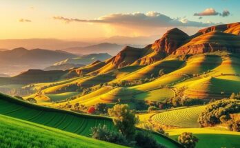 A scenic landscape showing Ethiopian mountains and agriculture, symbolizing investment and cooperation with South Korea.