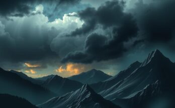Abstract representation of tension in academia with dark mountains and stormy skies, symbolizing conflict and scrutiny.