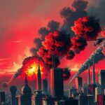 Explosions and thick smoke rising in a city skyline, depicting an intense conflict situation.