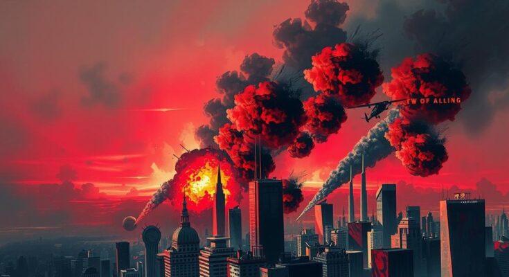 Explosions and thick smoke rising in a city skyline, depicting an intense conflict situation.