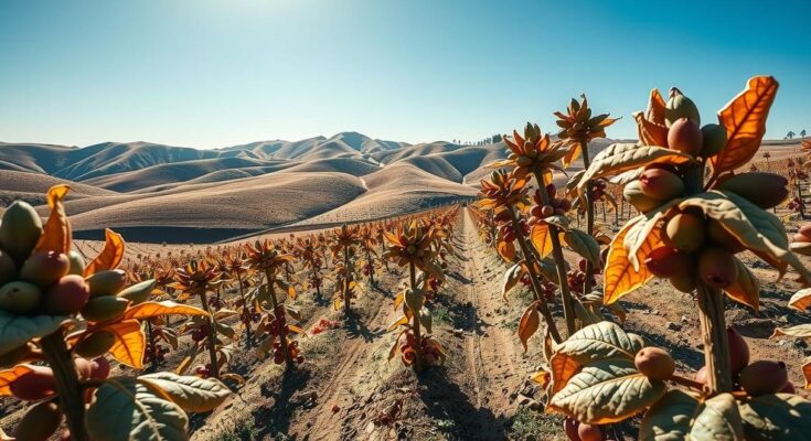 Dried coffee plants under bright sunlight, reflecting increased prices due to rain shortages.