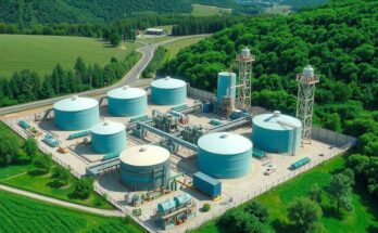 A serene landscape featuring a lithium concentration processing plant, surrounded by lush greenery.