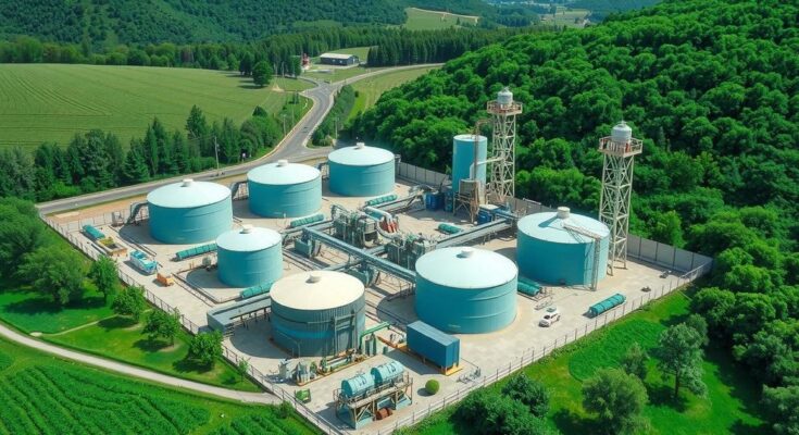 A serene landscape featuring a lithium concentration processing plant, surrounded by lush greenery.