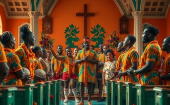 Fiji Rugby team preparation scene with a church setting, vibrant colors, emphasizing unity and culture.