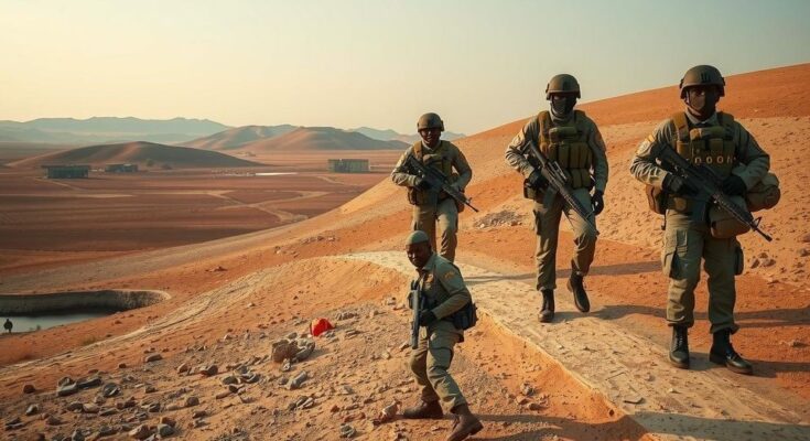 Military operation in South Sudan with focus on disarmament effort in rural area, showcasing earthy colors and realism.