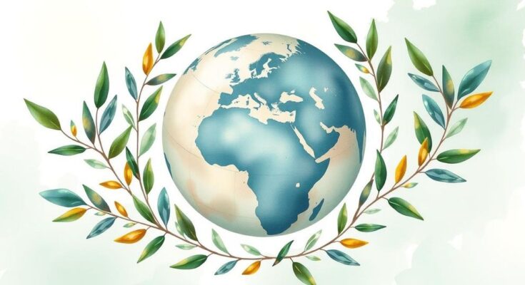 A diplomatic setting with traditional symbols of peace, featuring olive branches and a globe in muted colors, symbolizing negotiations.