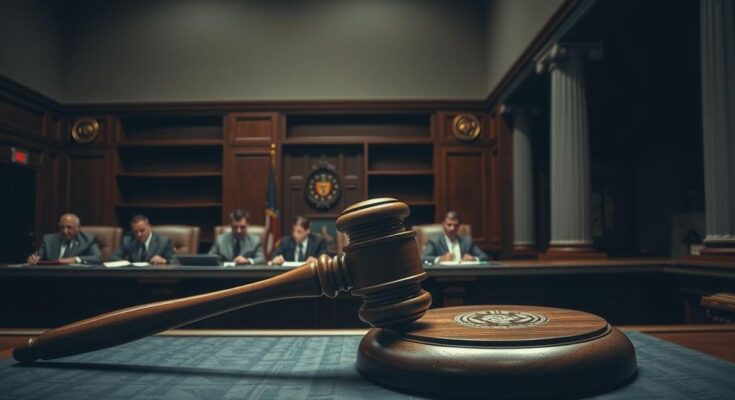 A courtroom scene depicting a tense atmosphere, with judicial elements and military symbols, in muted tones.