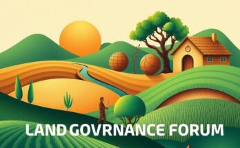 A vibrant forum setup with abstract representations of land, agriculture, and governance discussions in warm colors.