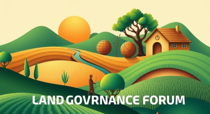 A vibrant forum setup with abstract representations of land, agriculture, and governance discussions in warm colors.