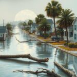 Cleanup efforts in a coastal town post-hurricane with flooded streets and debris.