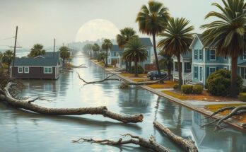 Cleanup efforts in a coastal town post-hurricane with flooded streets and debris.