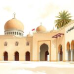 Illustration of diplomatic discussions with symbols of peace and Middle Eastern architecture in soft tones.