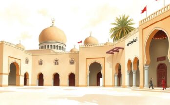 Illustration of diplomatic discussions with symbols of peace and Middle Eastern architecture in soft tones.