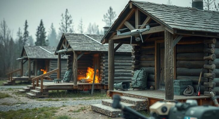 Ukrainian drone launching from a wooden house in a military setting, showcasing strategic defense preparation.