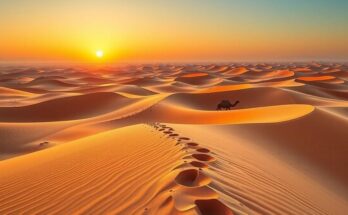A panoramic view of the Moroccan Sahara showcasing vast desert landscapes and dunes under a vibrant sunset sky.