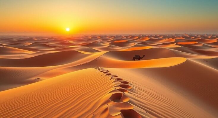 A panoramic view of the Moroccan Sahara showcasing vast desert landscapes and dunes under a vibrant sunset sky.