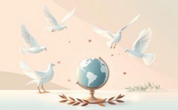 Graphical representation of international diplomacy and political discussions, featuring symbols of peace and negotiation.