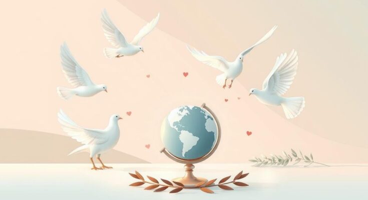 Graphical representation of international diplomacy and political discussions, featuring symbols of peace and negotiation.