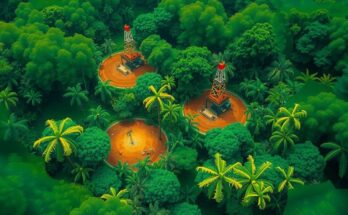Colorful landscape featuring the Amazon rainforest with oil drilling sites highlighted, conveying the theme of environmental impact.
