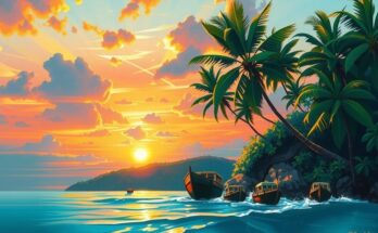 Scenic view of Sri Lanka's coastline with a vibrant sunset and tropical foliage, highlighting tourism appeal.