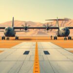 Self-Defense Forces transport planes ready for evacuation amidst conflict, set against a serene African landscape.