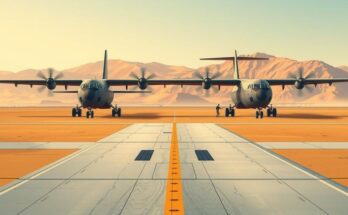 Self-Defense Forces transport planes ready for evacuation amidst conflict, set against a serene African landscape.