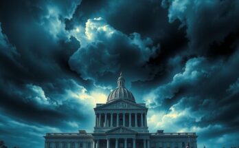 A conceptual image of a governmental building with dramatic clouds and ominous lighting symbolizing tension in international relations.