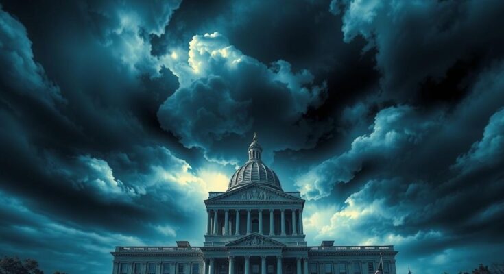 A conceptual image of a governmental building with dramatic clouds and ominous lighting symbolizing tension in international relations.