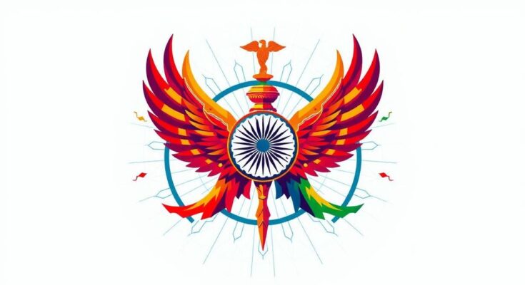 Symbolic representation of India's diplomatic efforts showcasing unity against terrorism, vibrant colors, and modern art style.