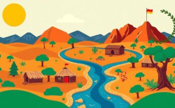 Colorful representation of African landmarks with symbolic elements of unity and democracy