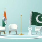 A diplomatic meeting focused on peace and stability in South Asia with flags representing India and Pakistan.