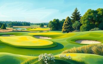 A picturesque golf course with lush green fairways and a clear blue sky, showcasing a tranquil and competitive atmosphere.