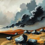 A conflict landscape with abstract elements symbolizing war, utilizing dark and muted colors to convey tension.
