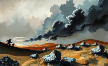 A conflict landscape with abstract elements symbolizing war, utilizing dark and muted colors to convey tension.