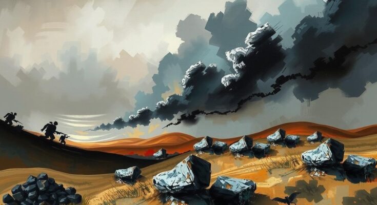 A conflict landscape with abstract elements symbolizing war, utilizing dark and muted colors to convey tension.