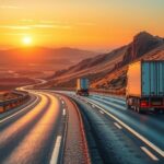 A truck traveling on a scenic highway representing international trade routes and transportation systems.