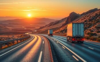 A truck traveling on a scenic highway representing international trade routes and transportation systems.